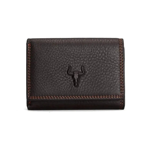 MING CLAN men's coffee leather trifold wallet, front view featuring secure snap closure and rugged texture.