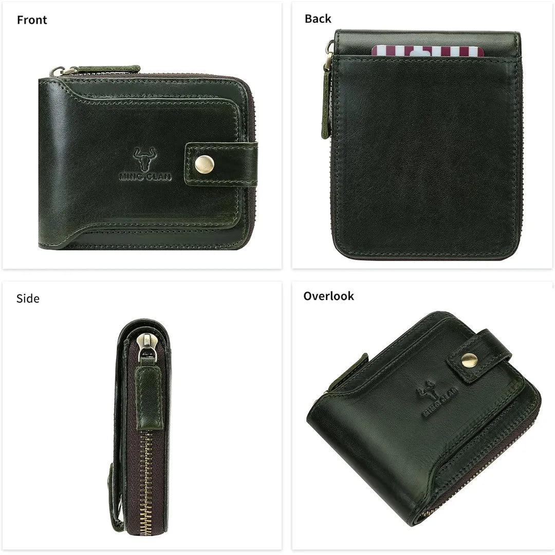 MING CLAN Men's Full Grain Leather Wallet - Multi-angle views in Green color