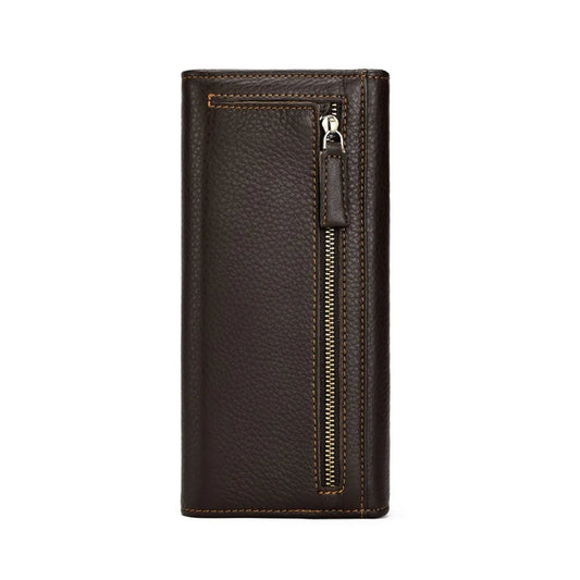 Back view of MING CLAN Men's Long Trifold Wallet showing external vertical zipper pocket