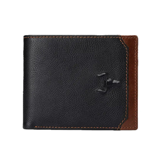 MING CLAN Men's Top Grain Leather Short Bifold Wallet - Front closed view in two-tone black and brown