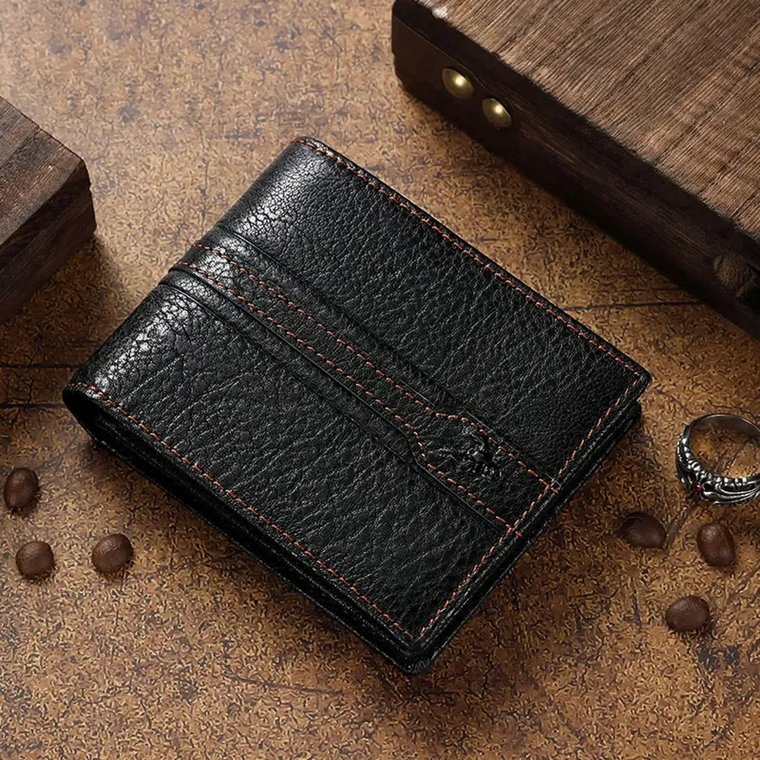 MING CLAN Men's Vintage Full Grain Leather Bifold Wallet displayed on a rustic textured surface