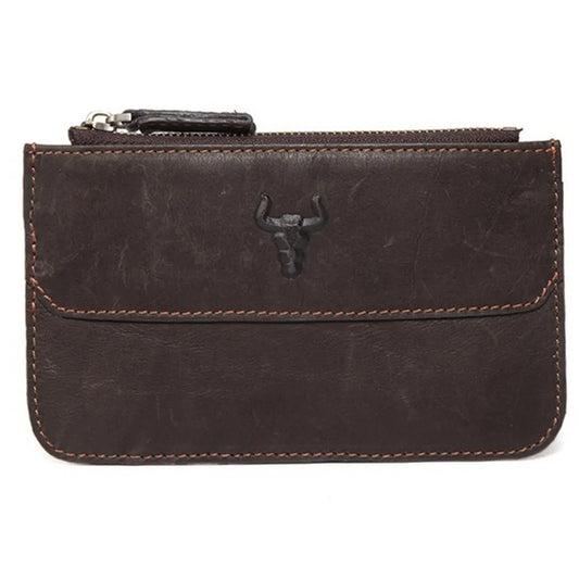 MING CLAN Minimalist Top Grain Leather Zipper Card Holder - Front view in Coffee