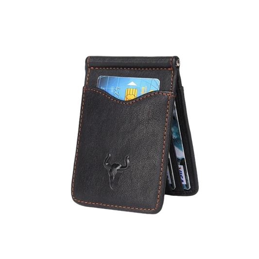Mingclan classic black genuine leather card bag filled with credit cards, highlighting its slim profile.