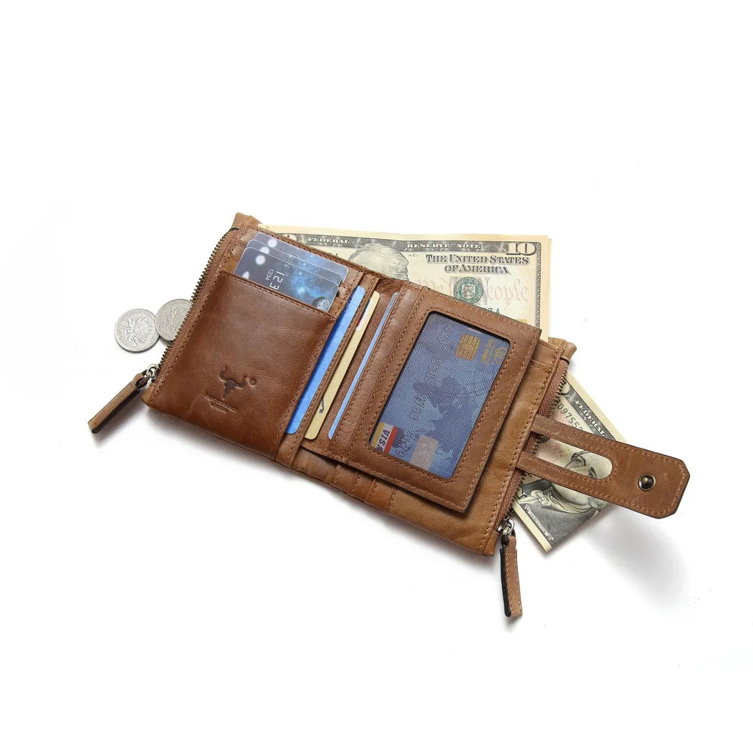 Mingclan brown mens leather wallet interior, showing multiple card slots and bill compartment.