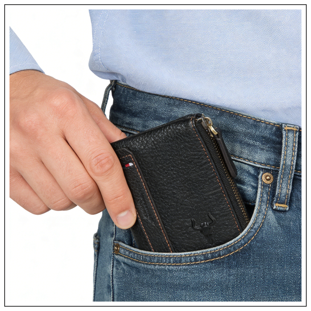 A man sliding the compact MING CLAN black top-grain leather double zipper wallet into his front blue jeans pocket, demonstrating its slim everyday carry profile.