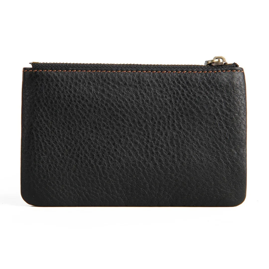 Back view of MING CLAN black genuine cowhide leather key pouch highlighting neat craftsmanship.