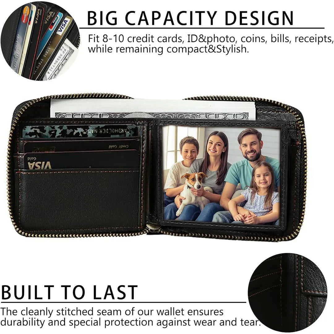 MING CLAN black leather bifold zip wallet fully open, featuring a center flip ID window and neatly organized card slots.