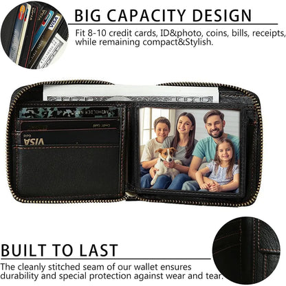 MING CLAN black leather bifold zip wallet fully open, featuring a center flip ID window and neatly organized card slots.