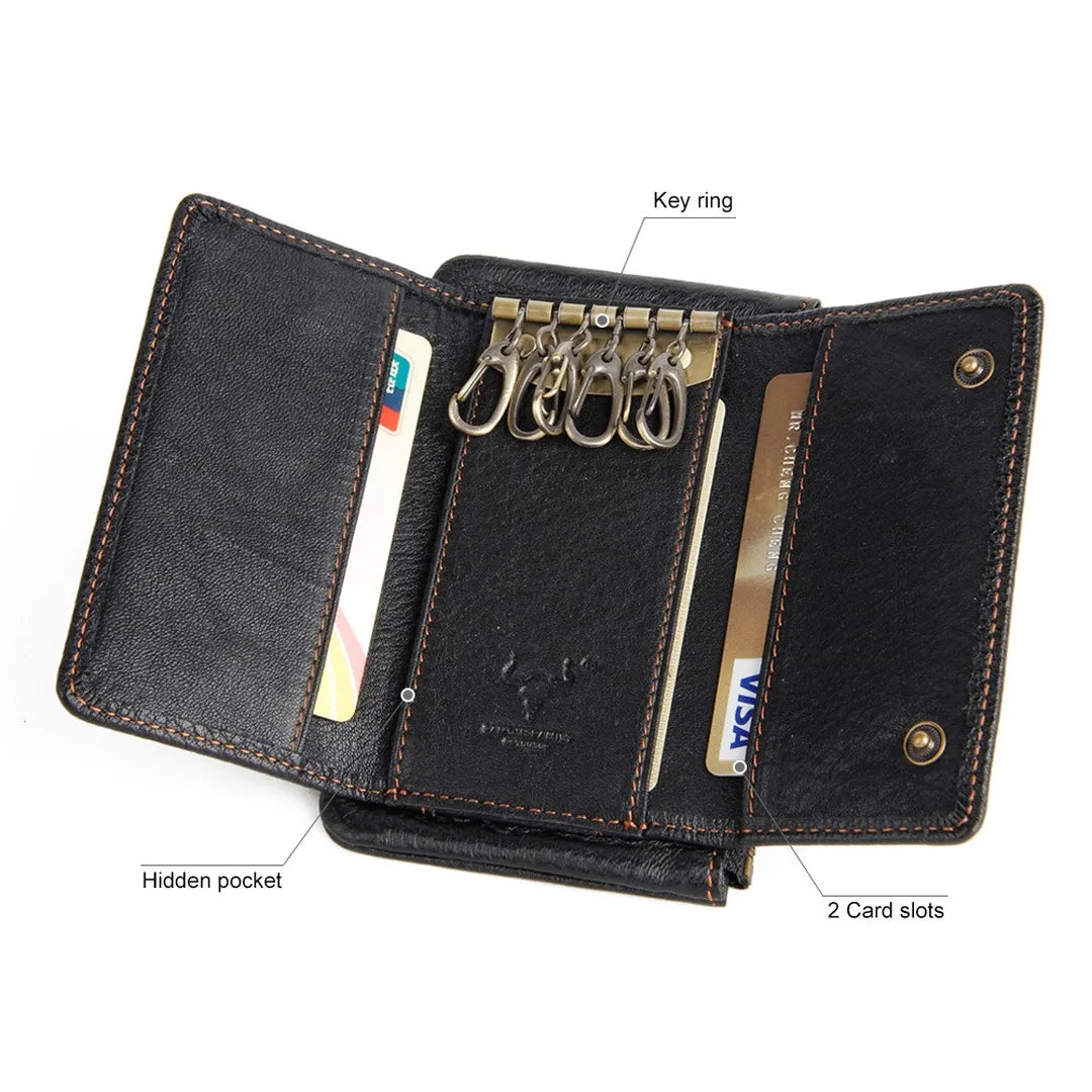 Interior layout of MING CLAN black leather key case, fully open showing 6 metal hooks, card slots, and zipper pocket.