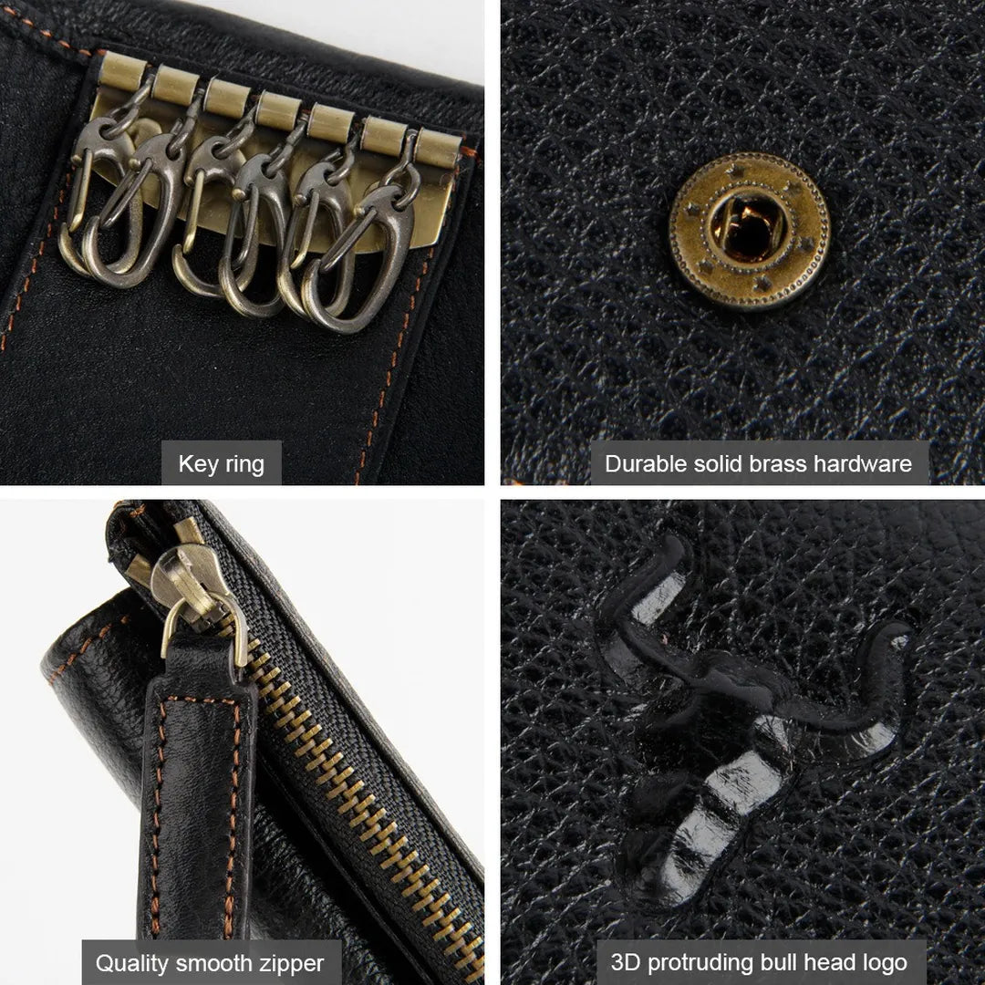 Close-up of the durable metal key carabiners and zipper inside the MING CLAN black leather wallet.