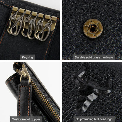 Close-up of the durable metal key carabiners and zipper inside the MING CLAN black leather wallet.