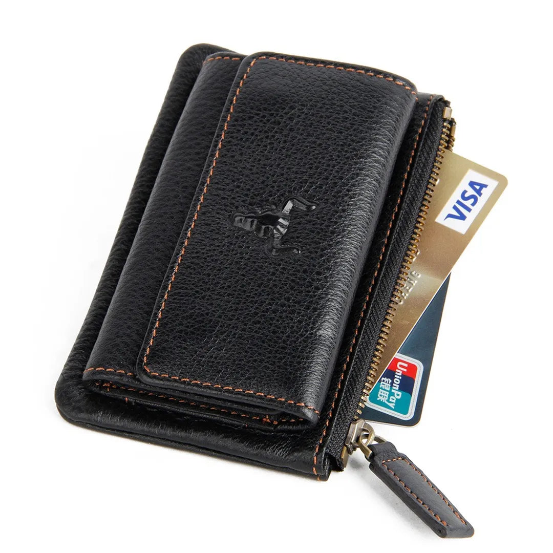 Angled side view of MING CLAN black leather key organizer wallet, showing its slim profile and premium texture.