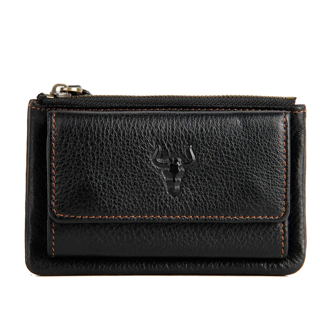 MING CLAN black premium top-grain leather trifold key holder wallet, front view with snap closure and embossed logo.