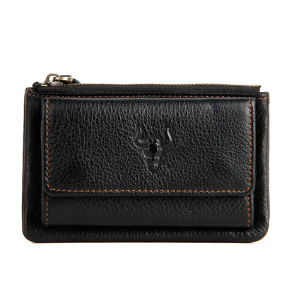 MING CLAN black premium top-grain leather trifold key holder wallet, front view with snap closure and embossed logo.
