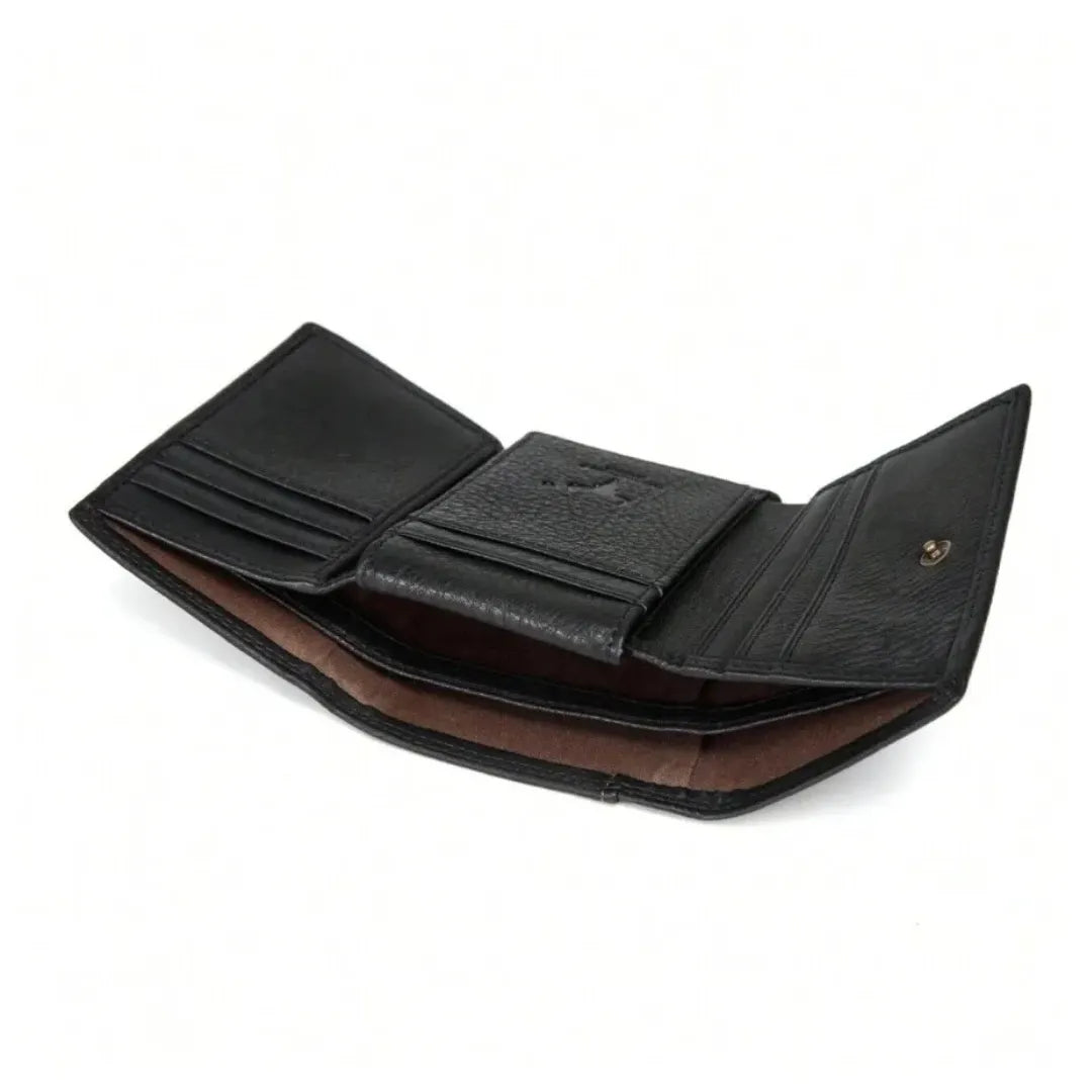 MING CLAN men's black leather trifold wallet, angled interior view highlighting large bill compartment and card organization.