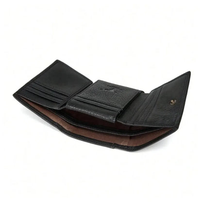 MING CLAN men's black leather trifold wallet, angled interior view highlighting large bill compartment and card organization.