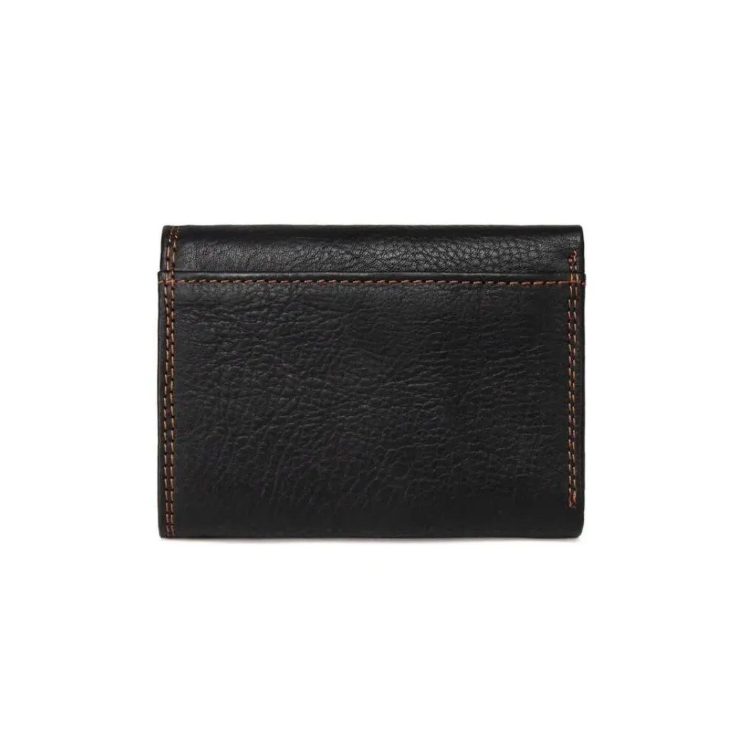 MING CLAN men's black leather trifold wallet, back view showing durable reinforced edge stitching.
