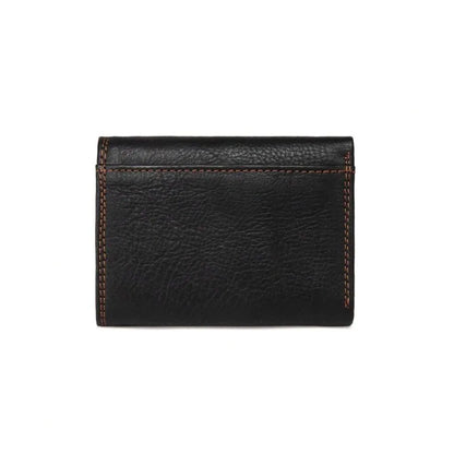 MING CLAN men's black leather trifold wallet, back view showing durable reinforced edge stitching.