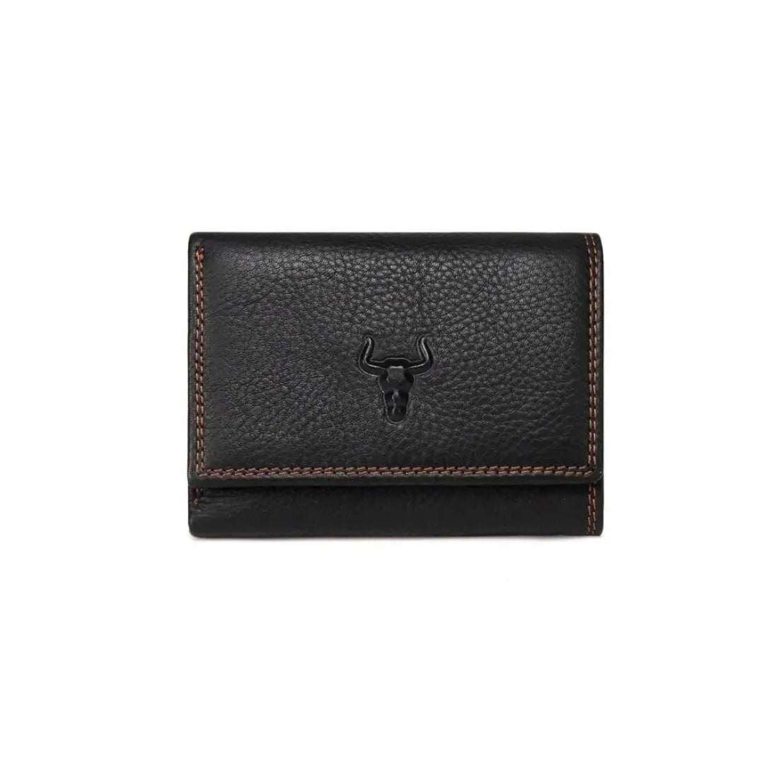 MING CLAN men's black premium leather trifold wallet, front view displaying classic embossed bull logo and contrast stitching.