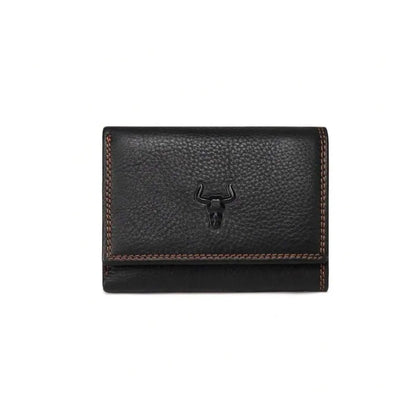 MING CLAN men's black premium leather trifold wallet, front view displaying classic embossed bull logo and contrast stitching.