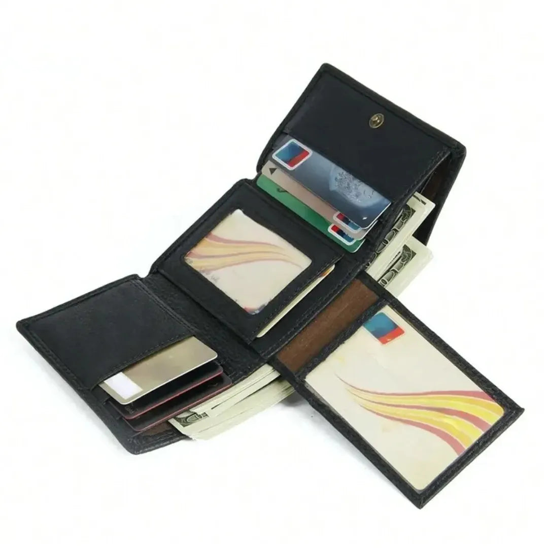 MING CLAN men's black leather trifold wallet, fully unfolded view demonstrating maximum storage capacity and dual ID windows.