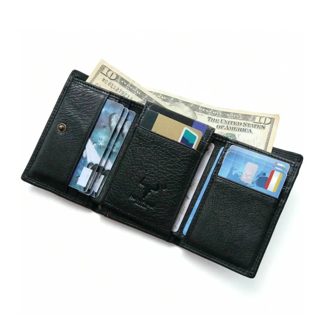 MING CLAN men's black leather trifold wallet, open view fully loaded with cash, credit cards, and ID.