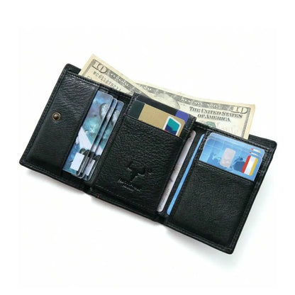 MING CLAN men's black leather trifold wallet, open view fully loaded with cash, credit cards, and ID.