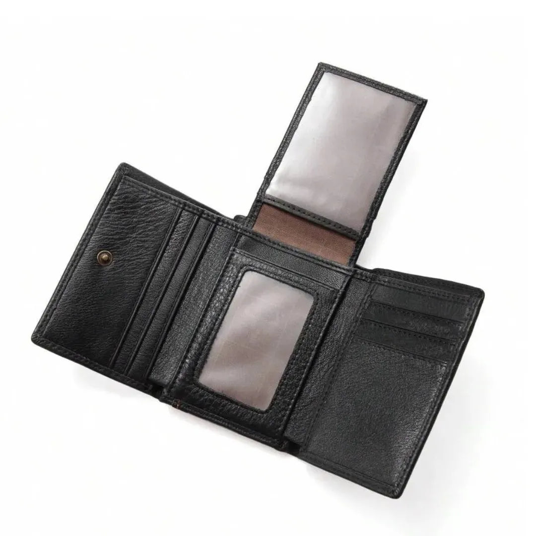 MING CLAN men's black genuine leather trifold wallet, interior view showing empty card slots and flip-out ID window.
