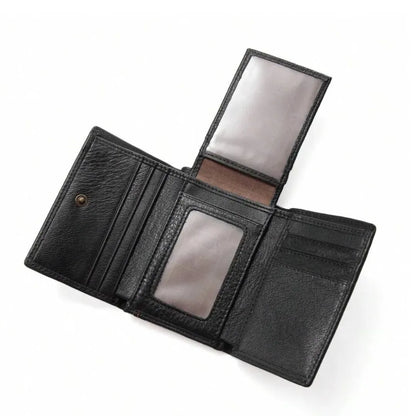 MING CLAN men's black genuine leather trifold wallet, interior view showing empty card slots and flip-out ID window.