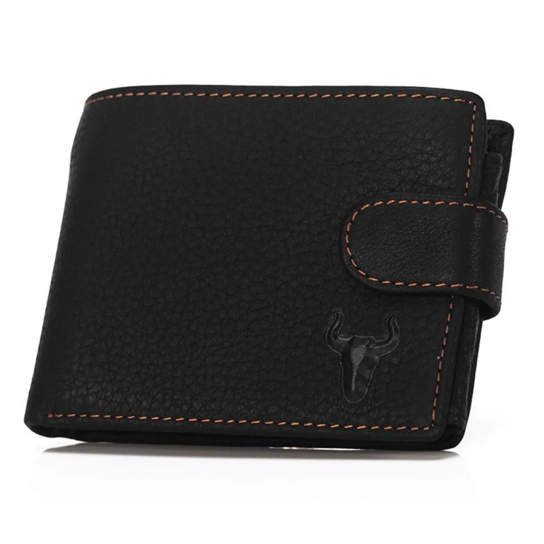 MING CLAN men's black vintage leather wallet, front view with secure external buckle closure and embossed bull logo.