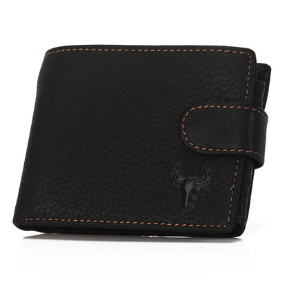 MING CLAN men's black vintage leather wallet, front view with secure external buckle closure and embossed bull logo.