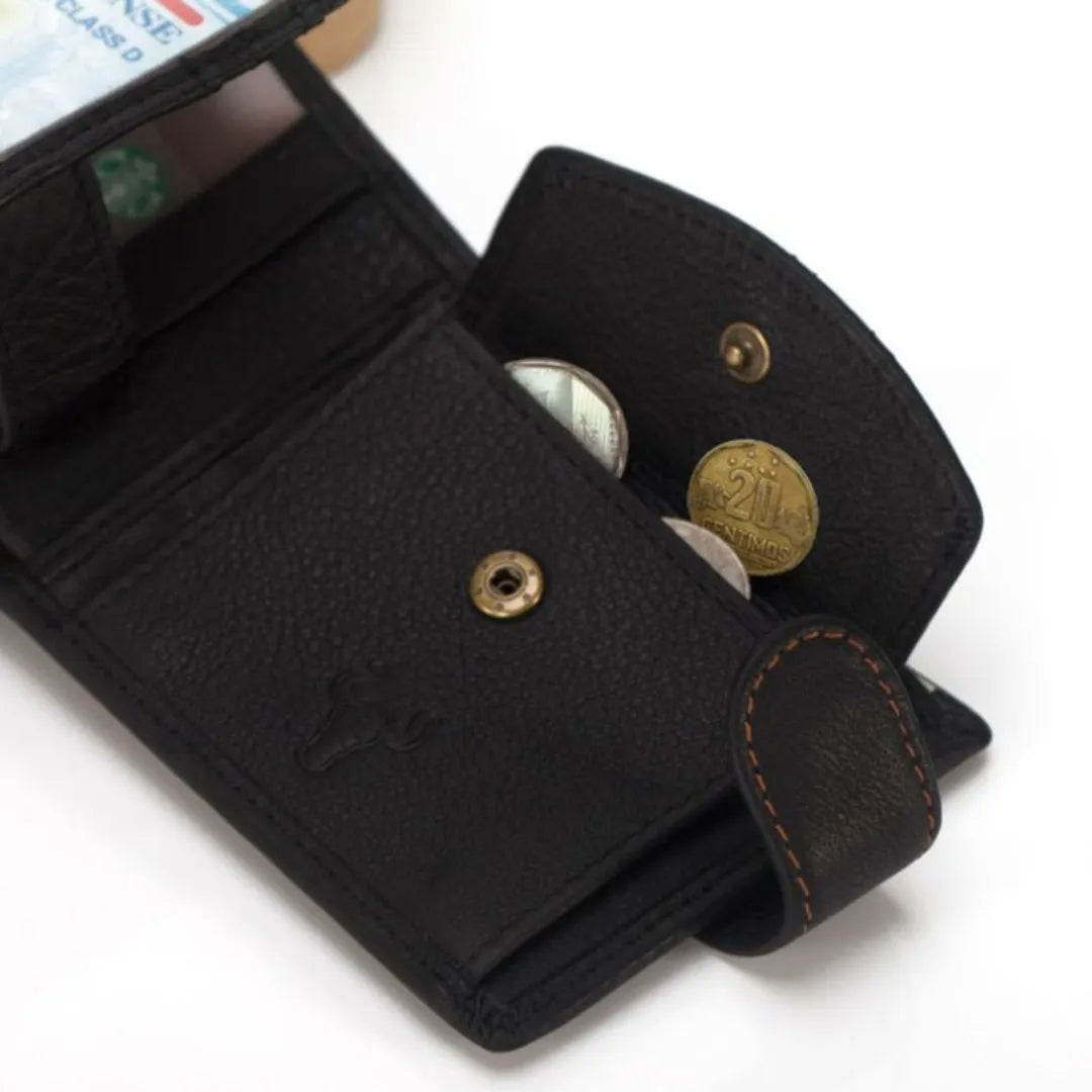 MING CLAN men's black leather wallet, close-up view of the internal snap-closure coin pocket holding change.