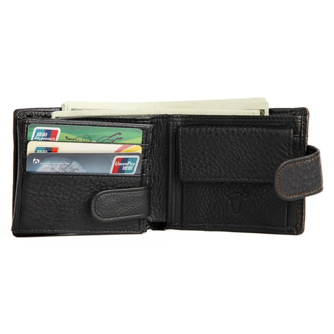 MING CLAN men's black leather wallet, open view displaying card organization and secure coin pouch.