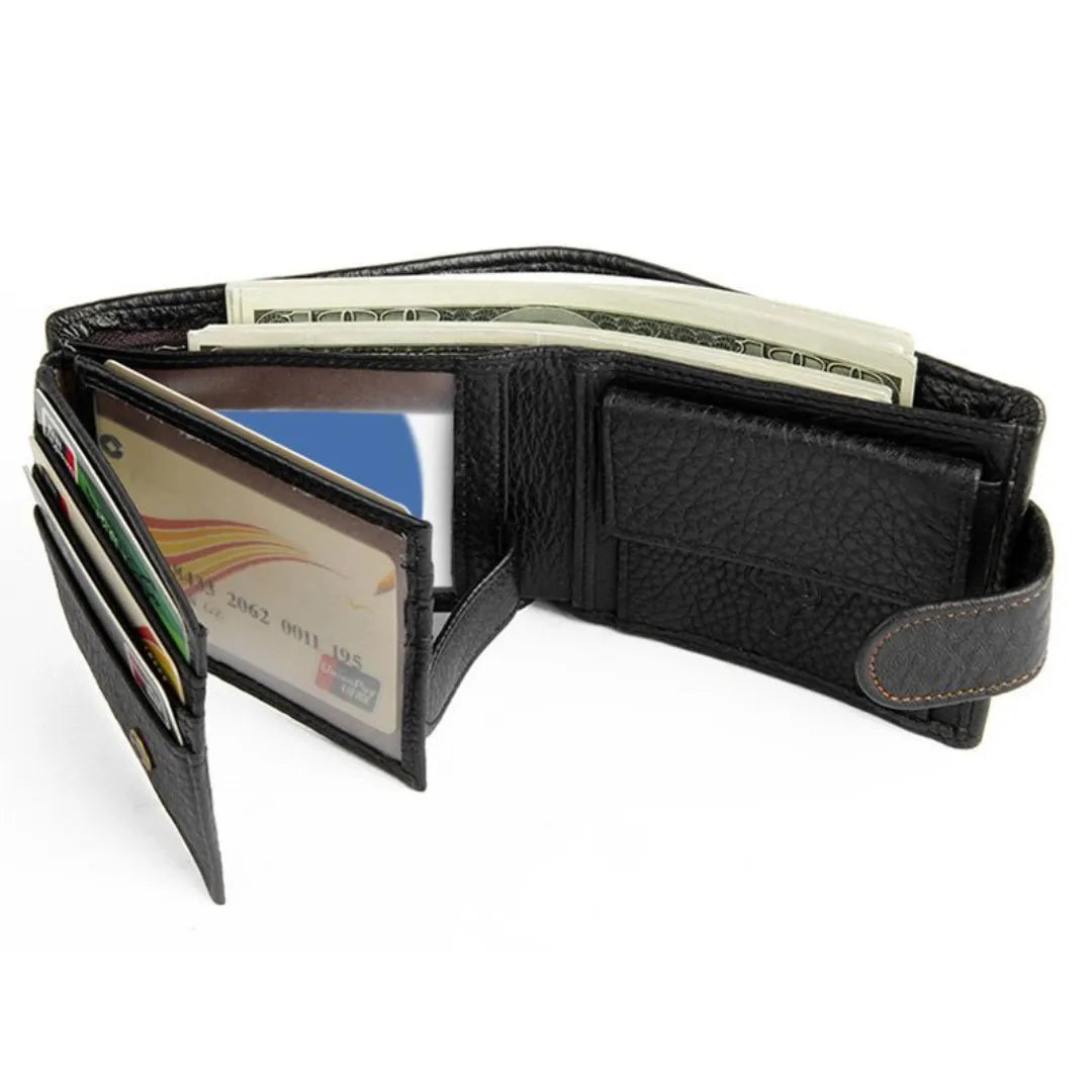 MING CLAN men's black leather wallet, fully open and loaded with cash, cards, and a flip-out ID window.