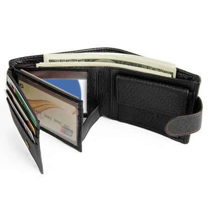 MING CLAN men's black leather wallet, fully open and loaded with cash, cards, and a flip-out ID window.