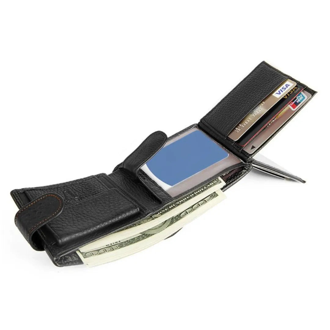 MING CLAN men's black leather wallet, angled view demonstrating maximum storage capacity with cash and cards.