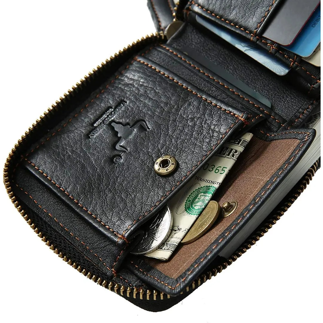 Close-up of the secure snap closure coin pocket inside the MING CLAN black leather zip around wallet.