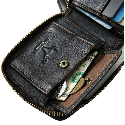 Close-up of the secure snap closure coin pocket inside the MING CLAN black leather zip around wallet.
