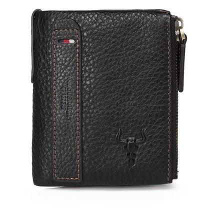 MING CLAN men's black genuine leather wallet, front view featuring vertical strap detail and embossed bull logo.