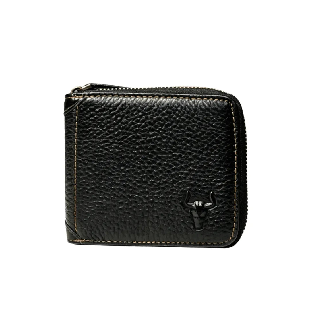 MING CLAN men's black vintage leather zip around wallet, front view with embossed bull logo and smooth brass zipper.