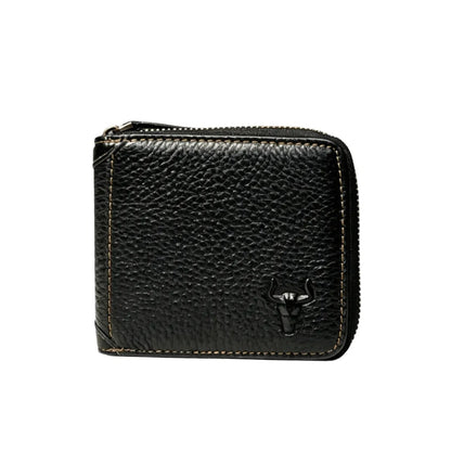 MING CLAN men's black vintage leather zip around wallet, front view with embossed bull logo and smooth brass zipper.