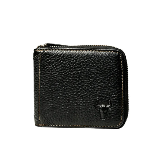 MING CLAN men's black vintage leather zip around wallet, front view with embossed bull logo and smooth brass zipper.