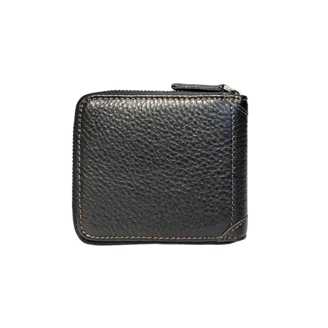 Back view of MING CLAN black genuine leather zipper wallet, highlighting durable stitching and compact design.