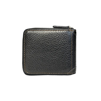 Back view of MING CLAN black genuine leather zipper wallet, highlighting durable stitching and compact design.