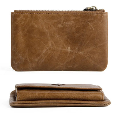 Back view of MING CLAN brown genuine cowhide leather key pouch highlighting neat stitching.