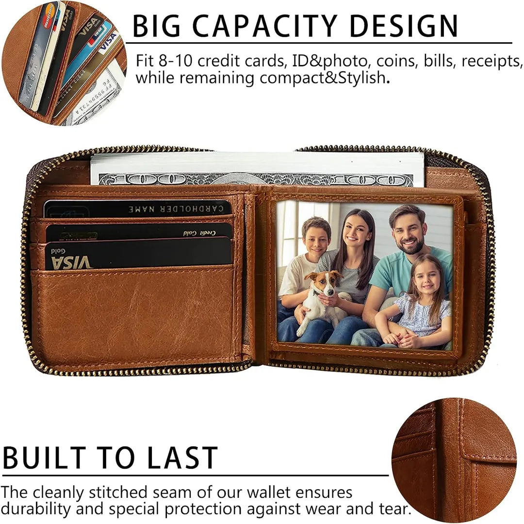 Interior layout of MING CLAN brown genuine leather zip around wallet fully open, displaying card slots, vertical pockets, and a flip-up ID window.