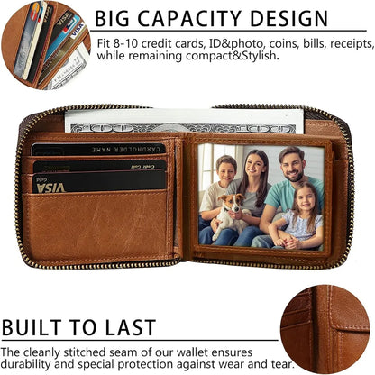 Interior layout of MING CLAN brown genuine leather zip around wallet fully open, displaying card slots, vertical pockets, and a flip-up ID window.