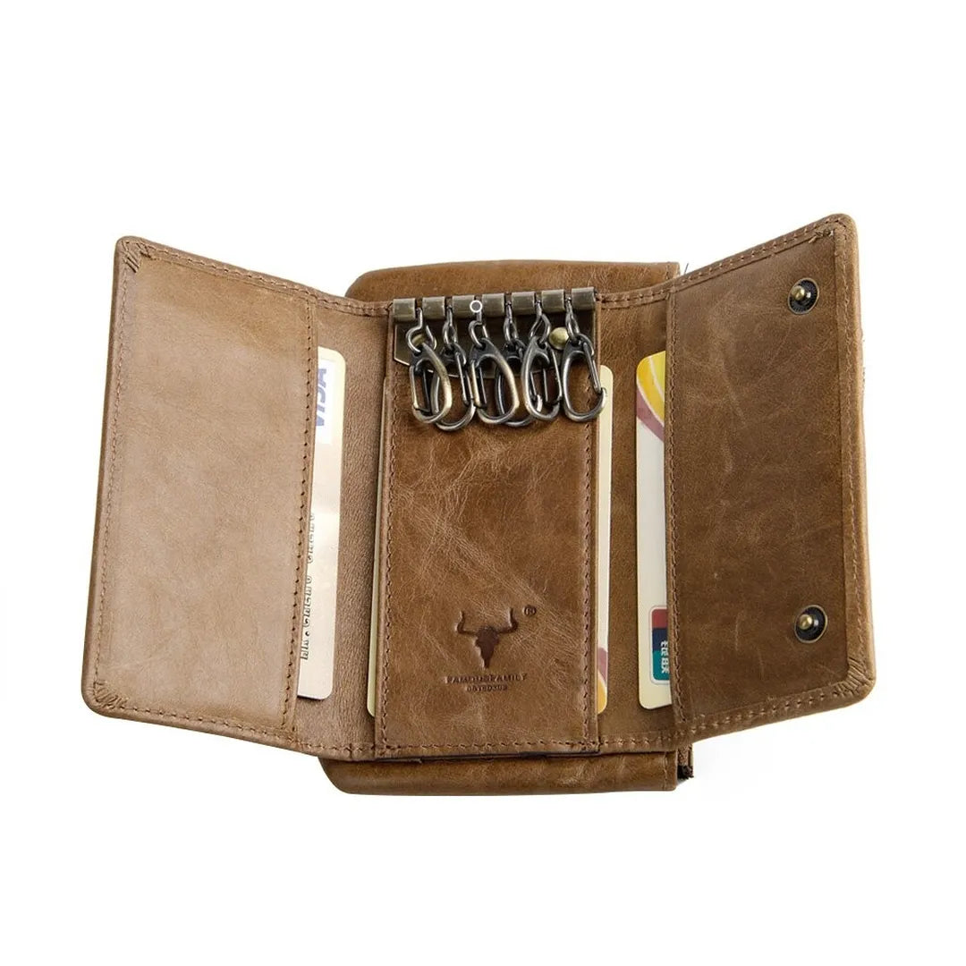 Interior layout of MING CLAN brown leather key case, fully open showing 6 metal hooks, card slots, and zipper pocket.