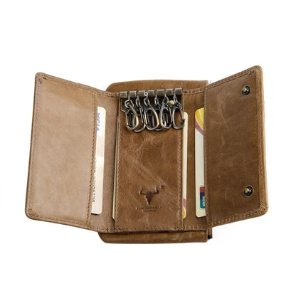 Interior layout of MING CLAN brown leather key case, fully open showing 6 metal hooks, card slots, and zipper pocket.