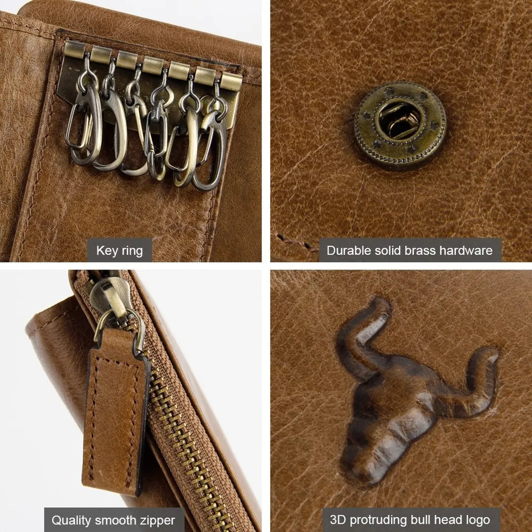 Close-up of the durable metal key carabiners and zipper inside the MING CLAN brown leather wallet.